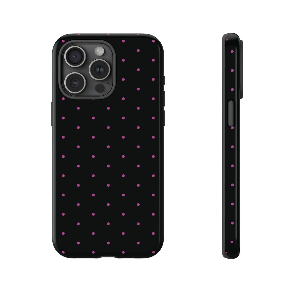 Elegant Pink Dot Black Tough Phone Case Stylish Accessories, - iPhone 15 Pro Max / Glossy - Mobile Phone Cases