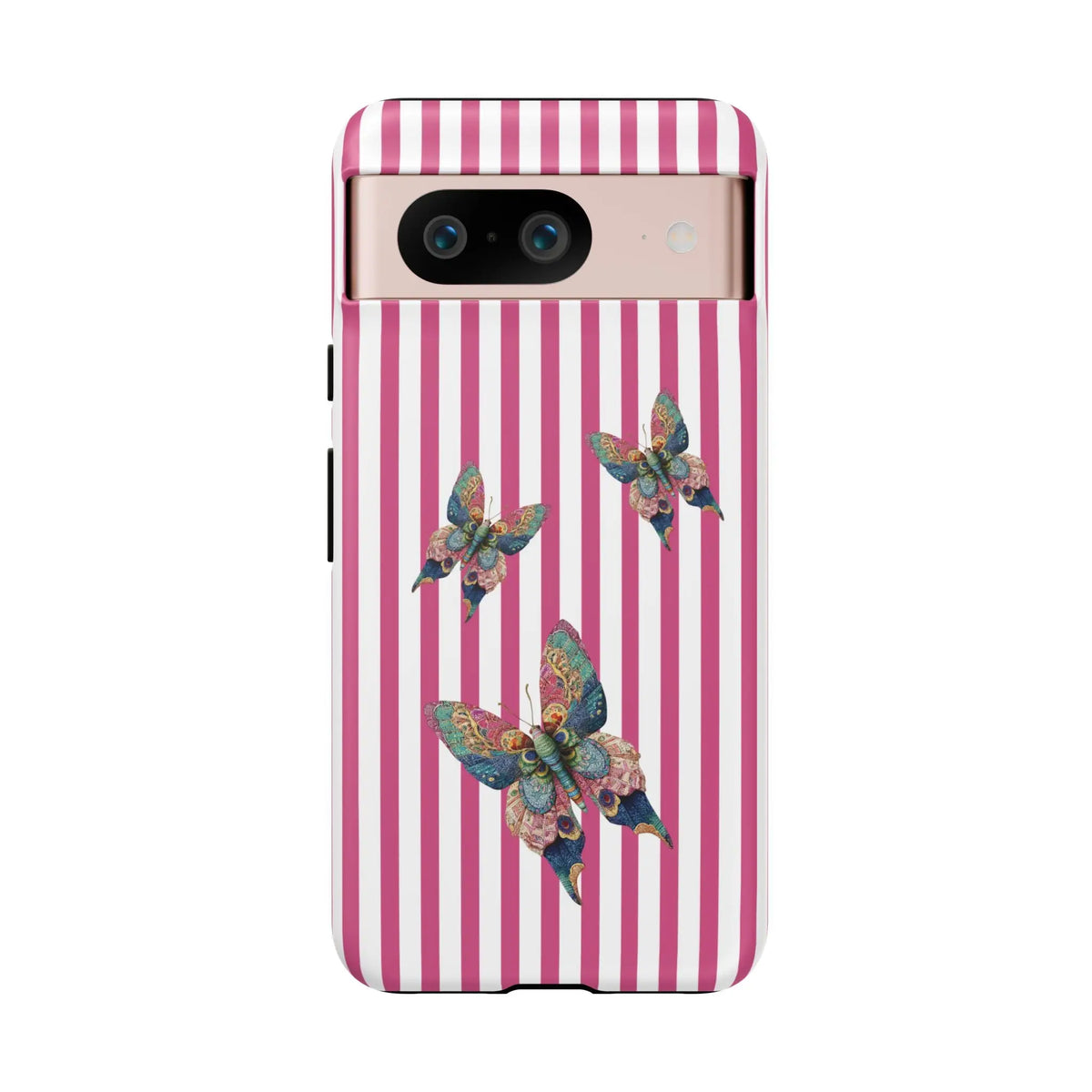 Back of a floral butterfly pink stripe phone case with pink and white stripes and colorful iridescent butterfly designs