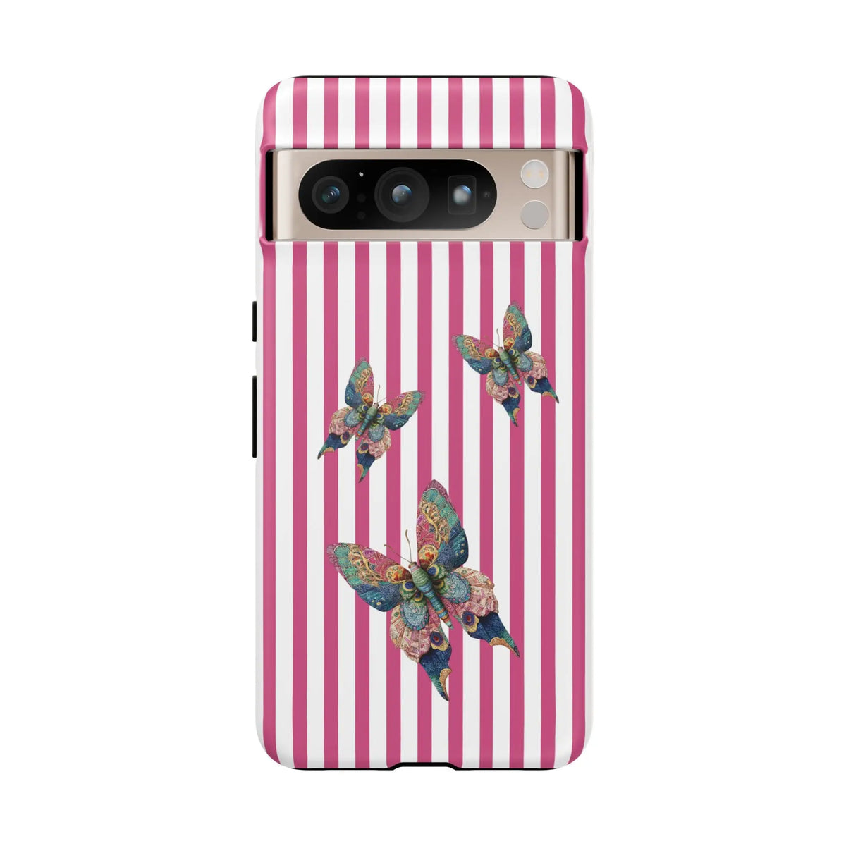 Floral butterfly pink stripe phone case with three colorful iridescent butterflies on a pink and white striped back