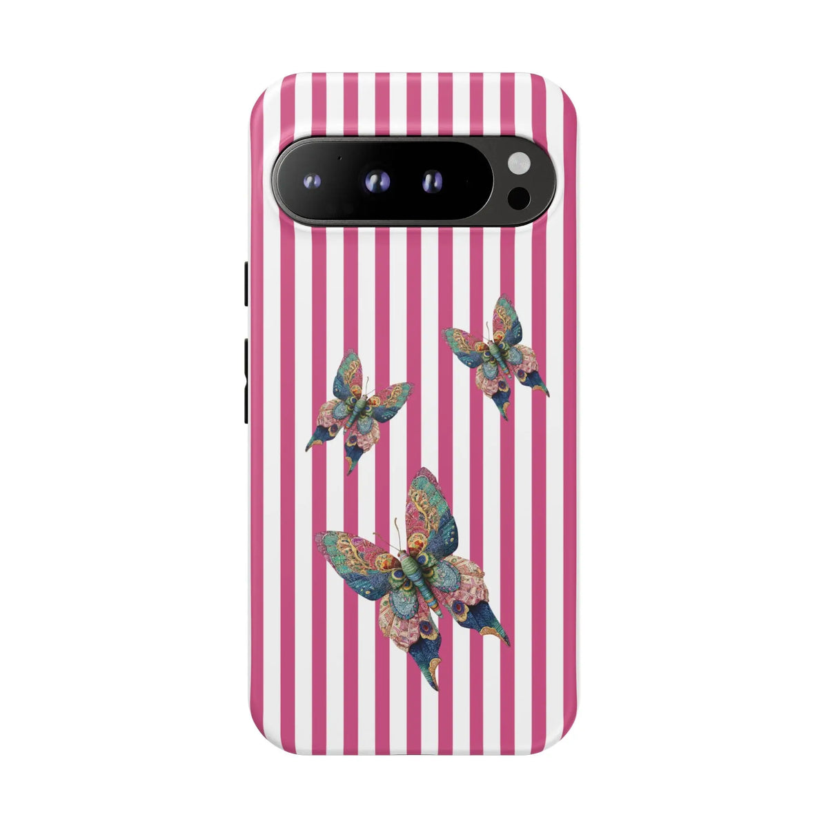 Back of a floral butterfly pink stripe phone case with vertical pink and white stripes and colorful detailed butterflies