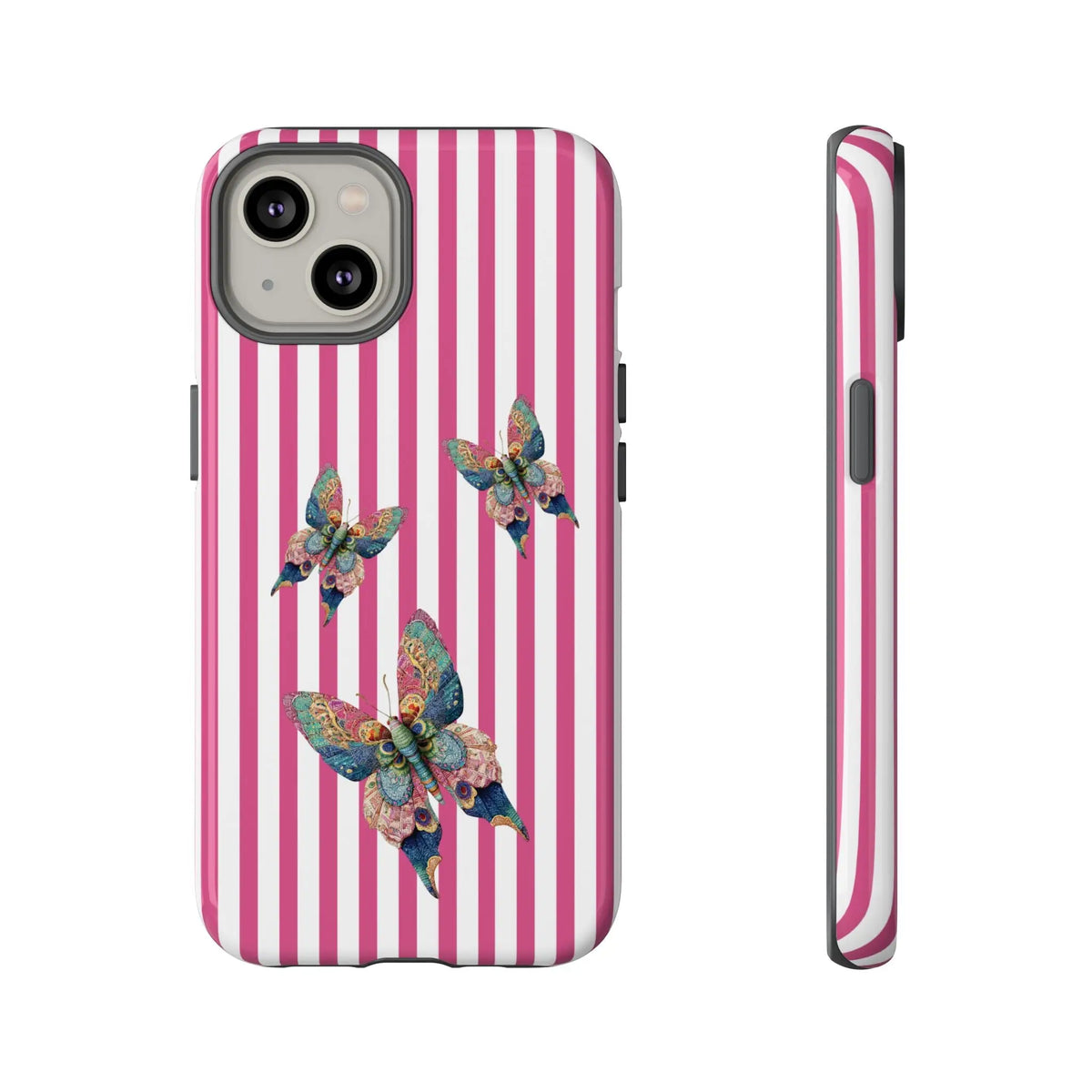 Back side of floral butterfly pink stripe phone case with pink and white stripes and three colorful detailed butterflies