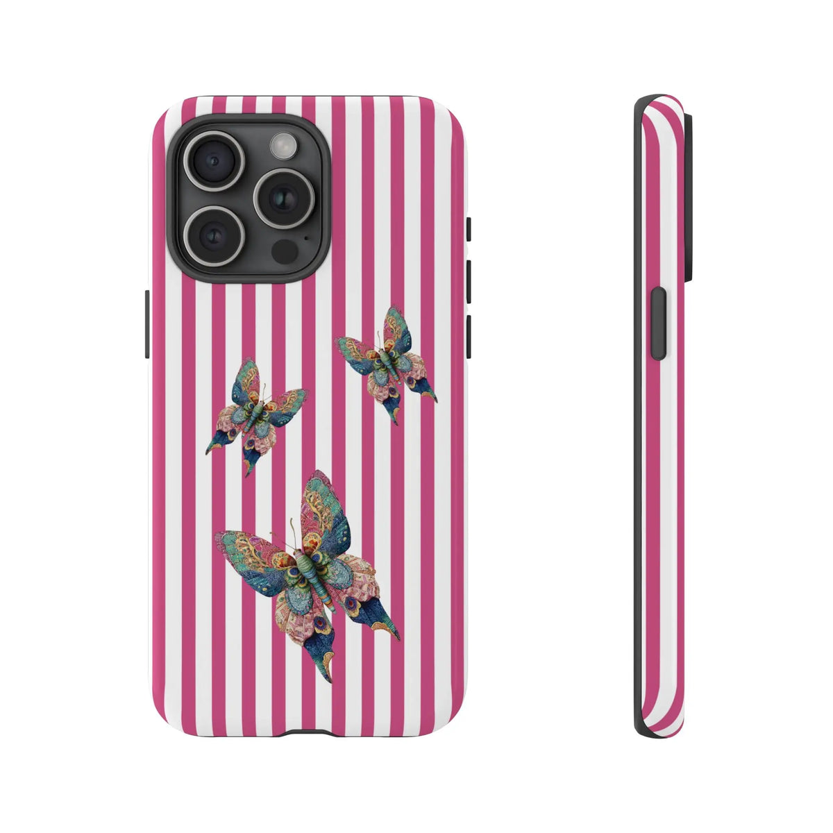 Back side of a floral butterfly pink stripe phone case with vibrant pink and white stripes and multicolored butterfly design