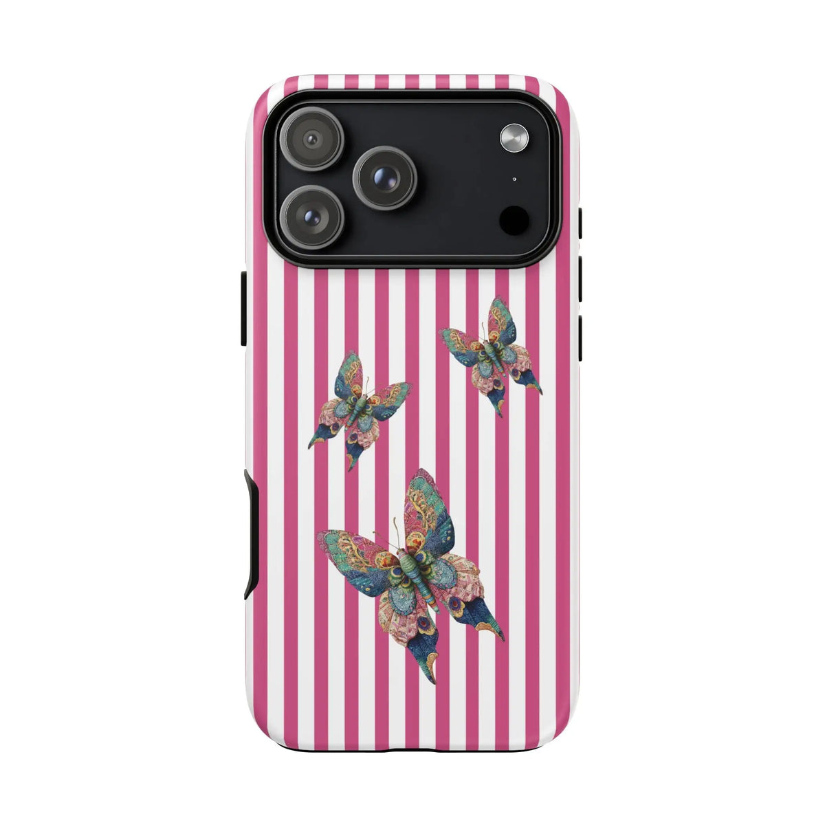 Pink and white striped phone case with three colorful floral butterfly designs showing the back side