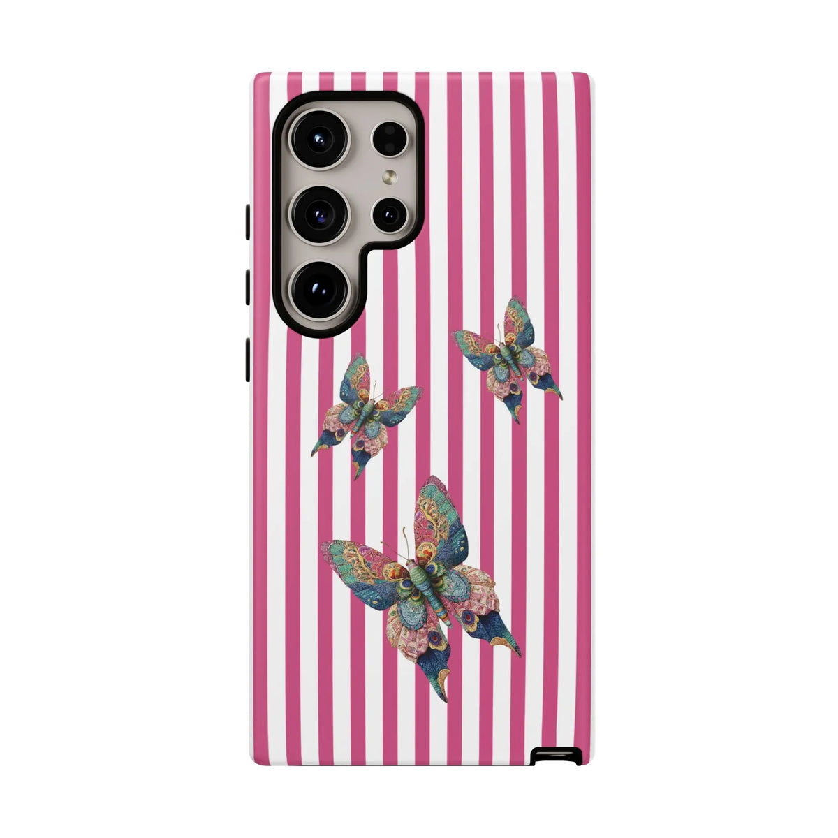 Back of a floral butterfly pink stripe phone case featuring pink and white stripes with three colorful butterflies