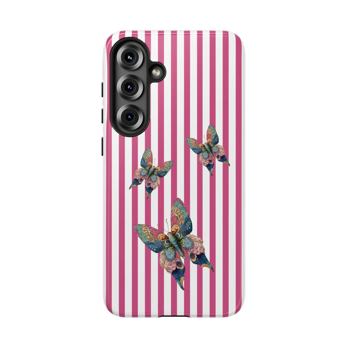 Floral butterfly pink stripe phone case with pink and white stripes and three blue green gold butterflies on the back