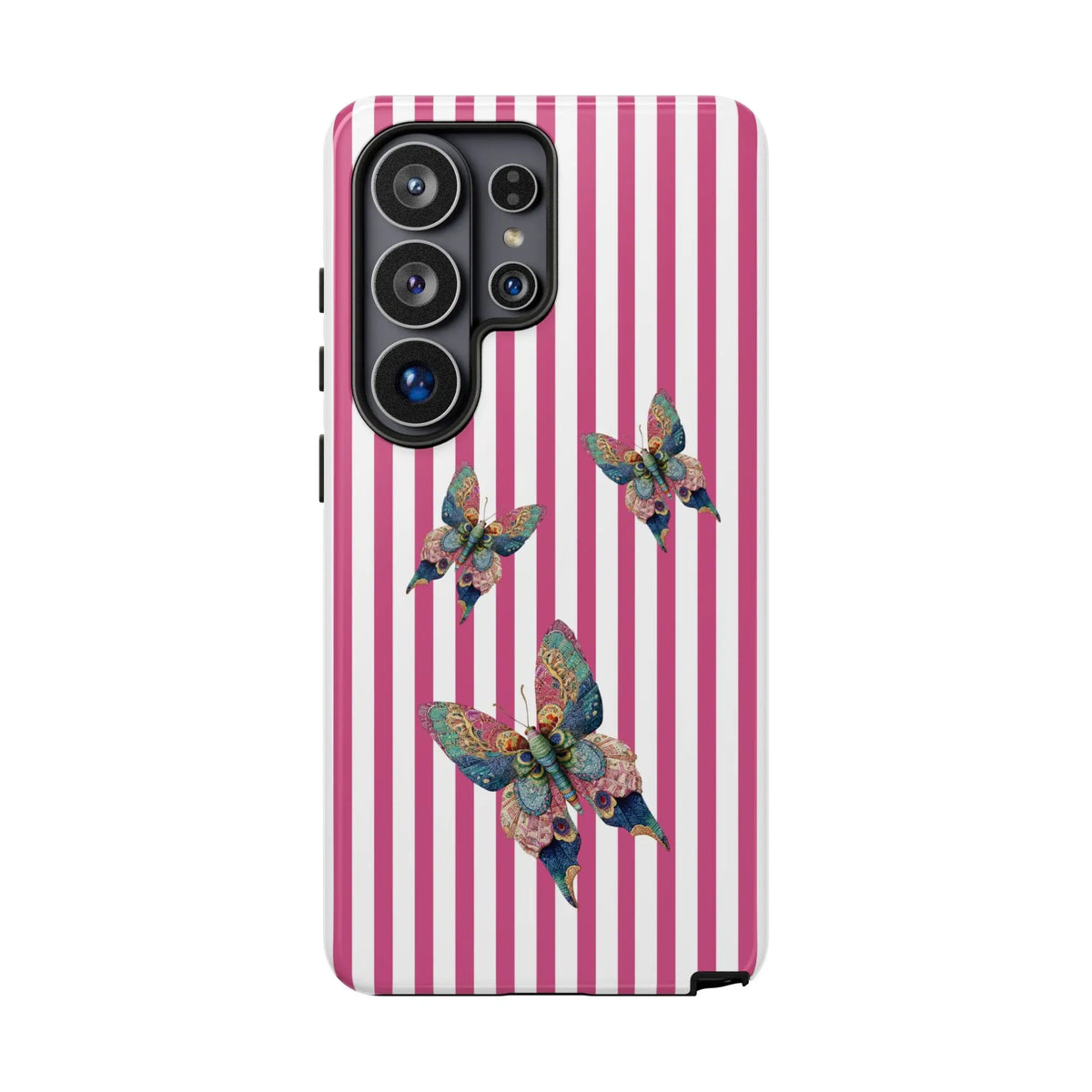 Back of a floral butterfly pink stripe phone case with pink and white stripes and three colorful detailed butterflies