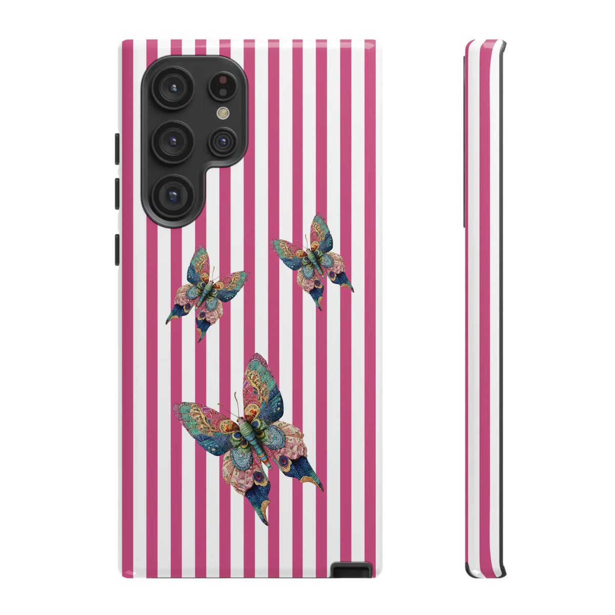 Floral butterfly pink stripe phone case with vibrant pink and white stripes and multicolored butterfly design on the back