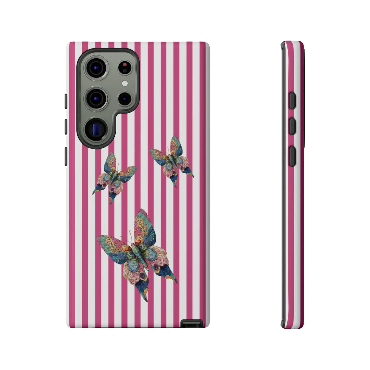 Back of a floral butterfly pink stripe phone case with vibrant pink and white stripes and multicolored butterfly design