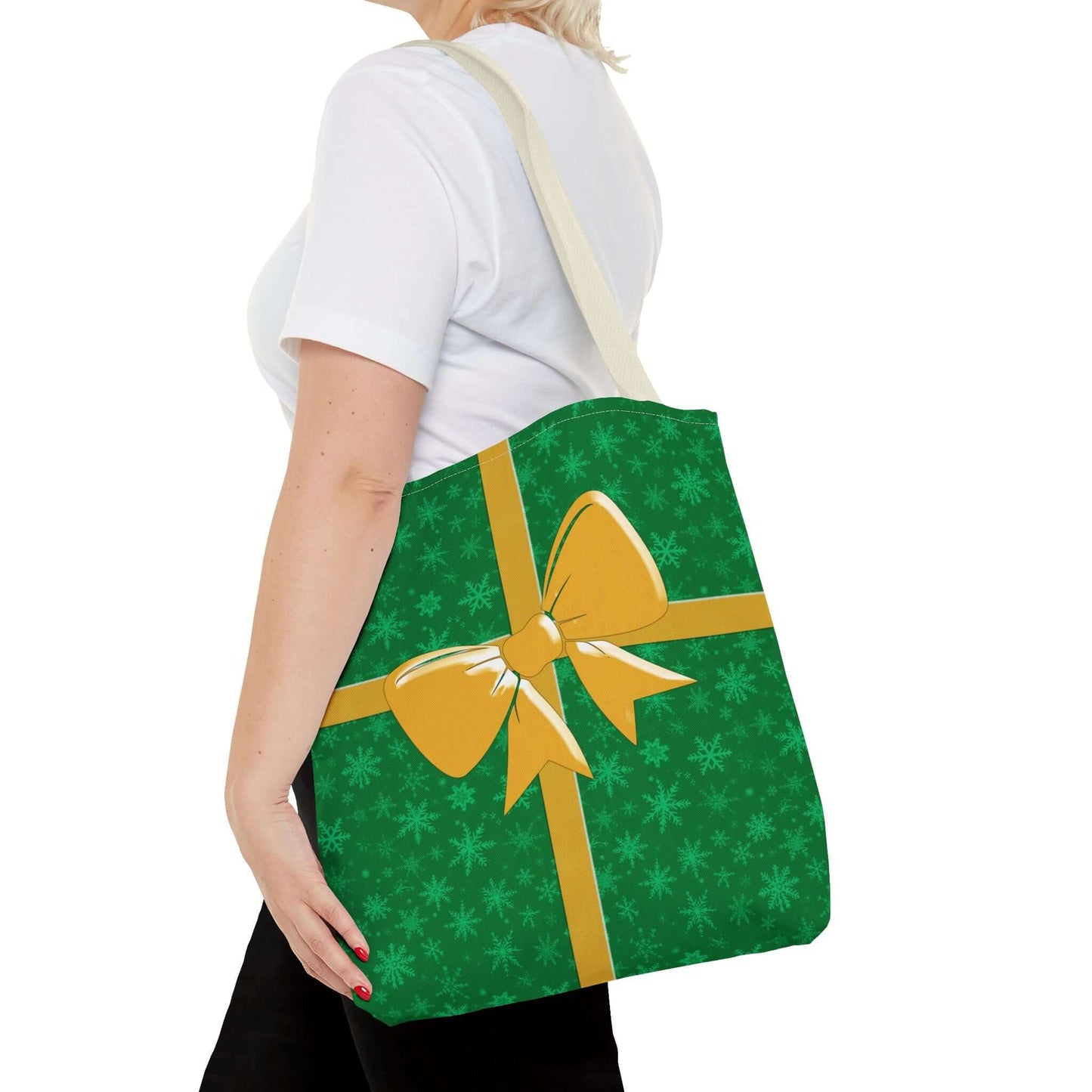 Green Christmas Tote Bag with Gold Bow - 16’’ × 16’’ / Beige - Bags