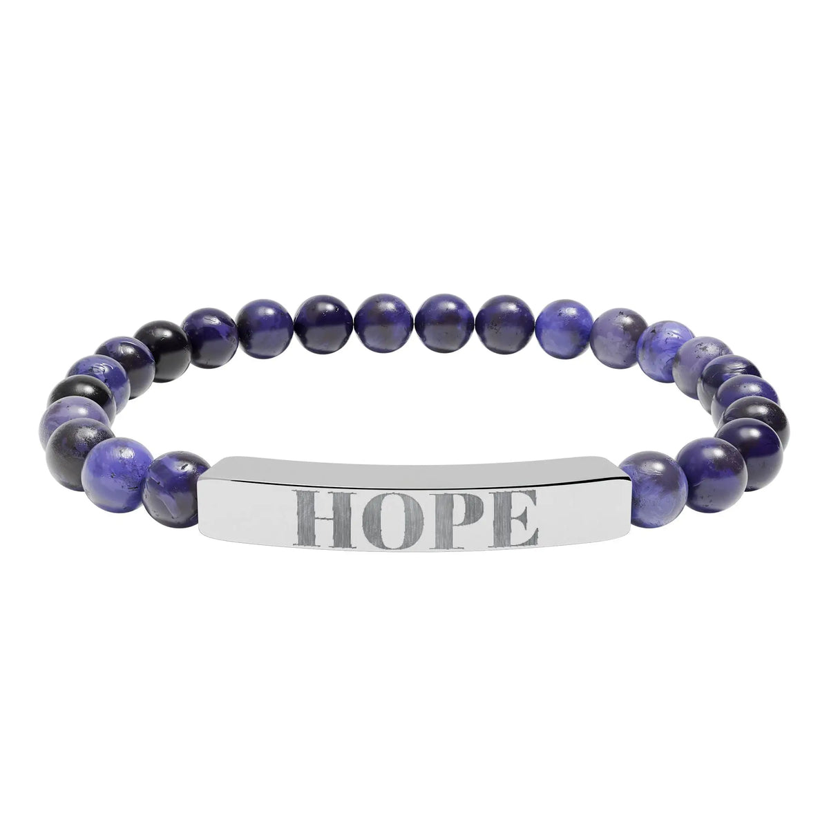A sleek silver bar hope engraved natural stone stretch bracelet with deep purple and black beaded accents