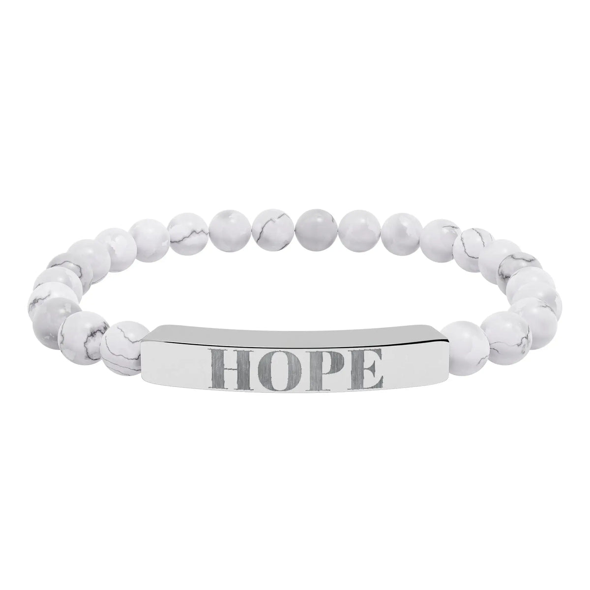Silver-toned hope engraved natural stone stretch bracelet with white marbled beads and rectangular bar centerpiece