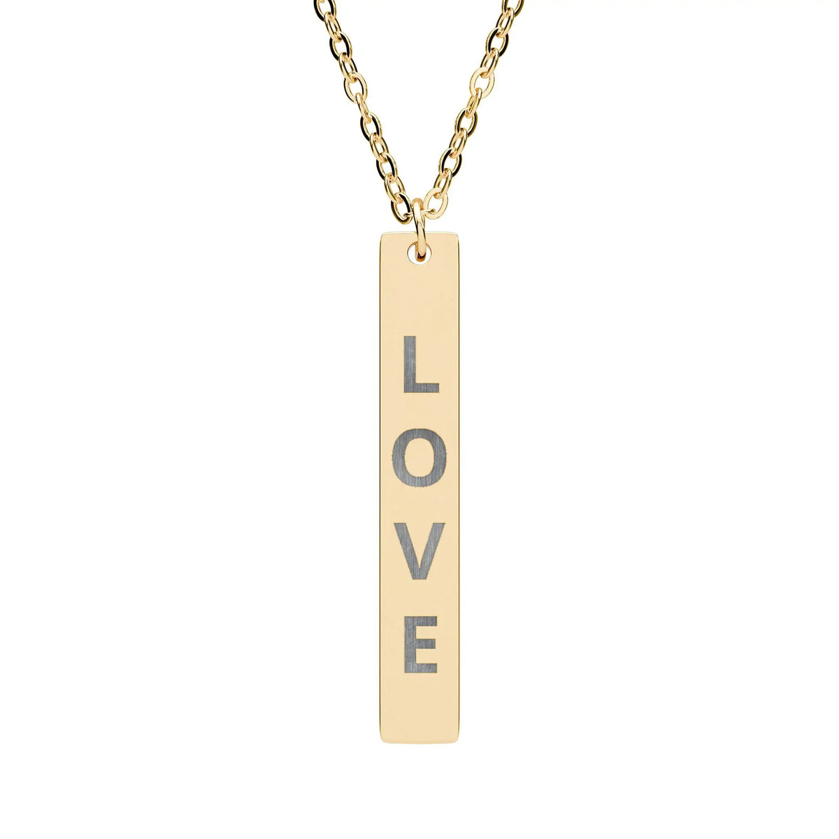 Gold-colored love vertical bar necklace with engraved love text in dark contrasting font on rectangular pendant