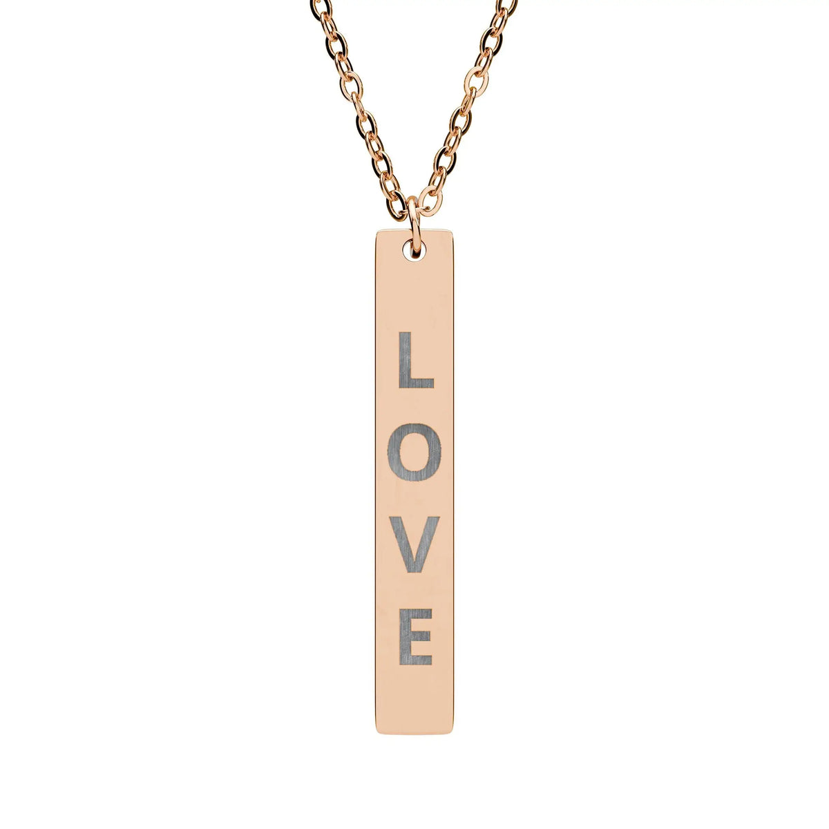 Rose gold love vertical bar necklace with engraved pendant in sleek modern font for everyday wear