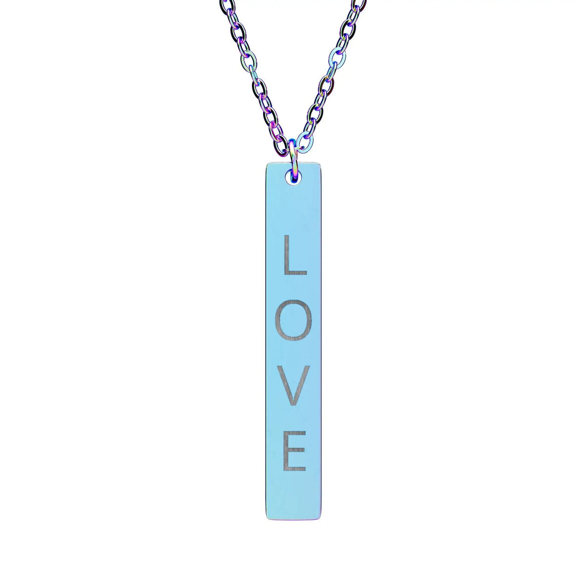 A light blue love vertical bar necklace with silver engraved love lettering on a rectangular pendant and matching chain