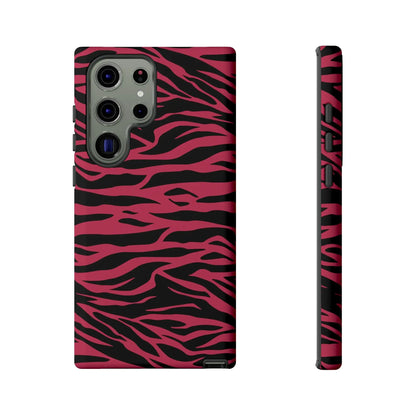 Back of a vibrant magenta wild tiger pattern print phone case for samsung galaxy s23 ultra in pink and black zebra stripes