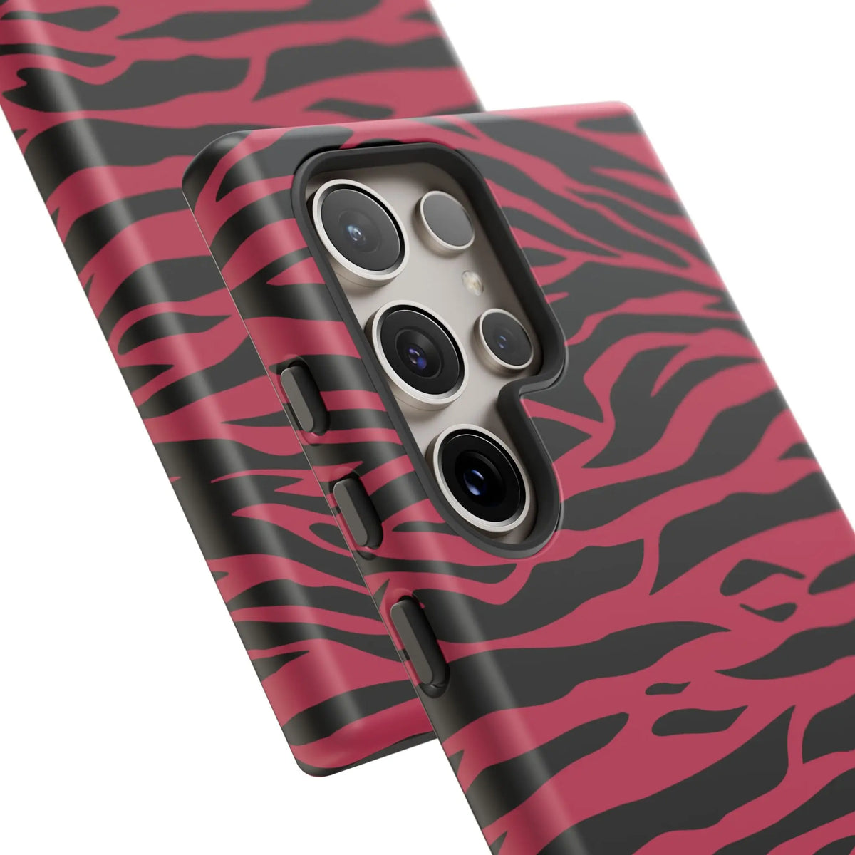Back side of a vibrant magenta wild tiger pattern print phone case with a sleek hard-shell design and pink black stripes