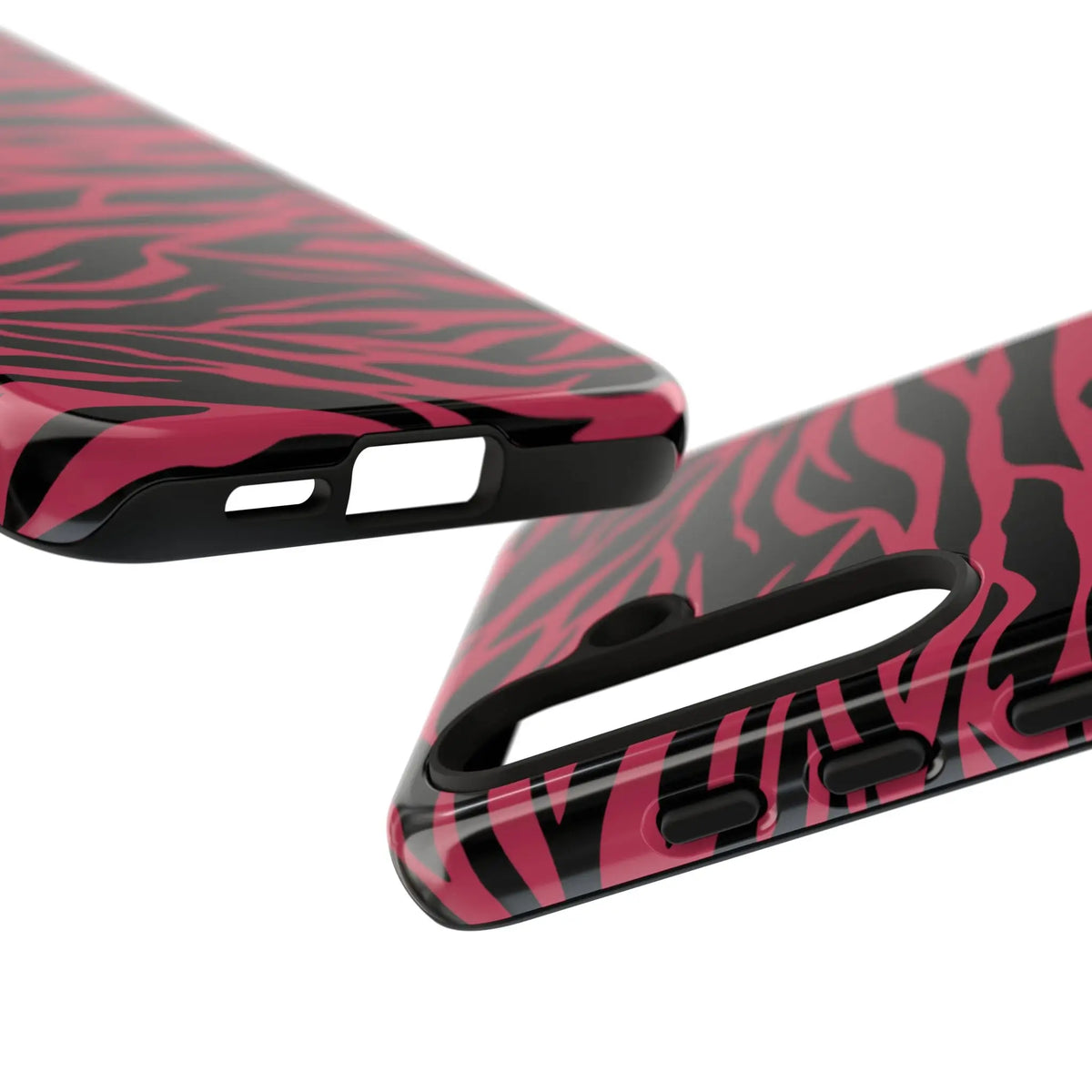Magenta wild tiger pattern print phone case with glossy finish showing the back side in pink and black zebra print