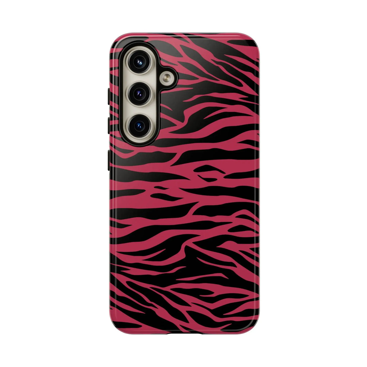 Back side of a glossy magenta wild tiger pattern print phone case with pink and black zebra stripes for samsung galaxy s23