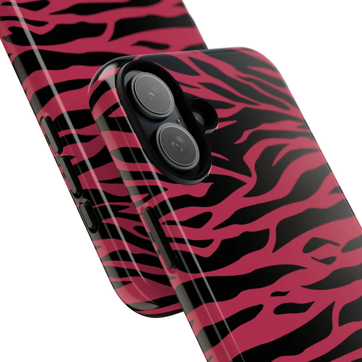 Magenta wild tiger phone case with vibrant pink and black glossy wild tiger pattern print on the back side