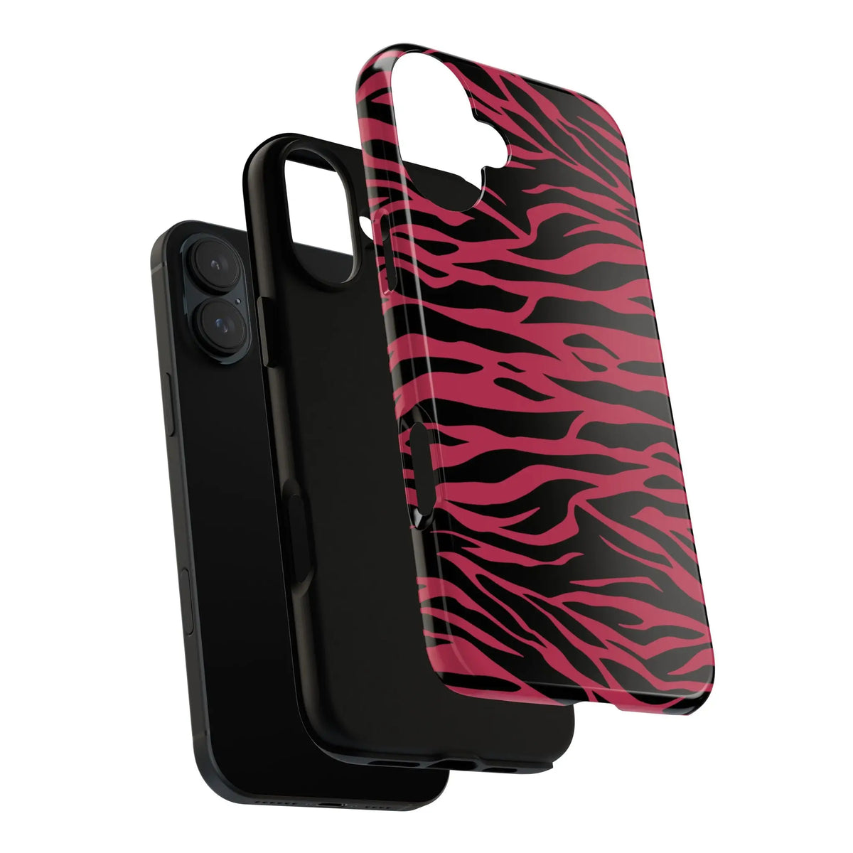 Back side of a glossy magenta wild tiger pattern print phone case with pink and black zebra print design