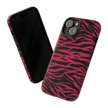 Back of an iphone 13 case with a vibrant magenta wild tiger pattern print in pink and black zebra stripes