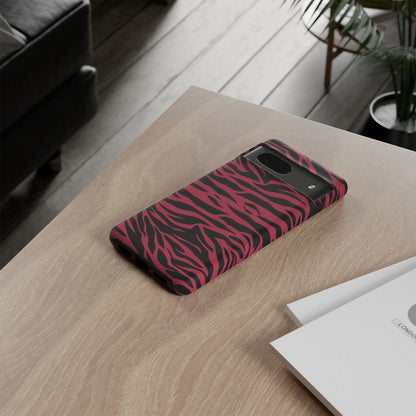 Magenta wild tiger pattern print phone case with vibrant pink and black zebra-striped protective back design