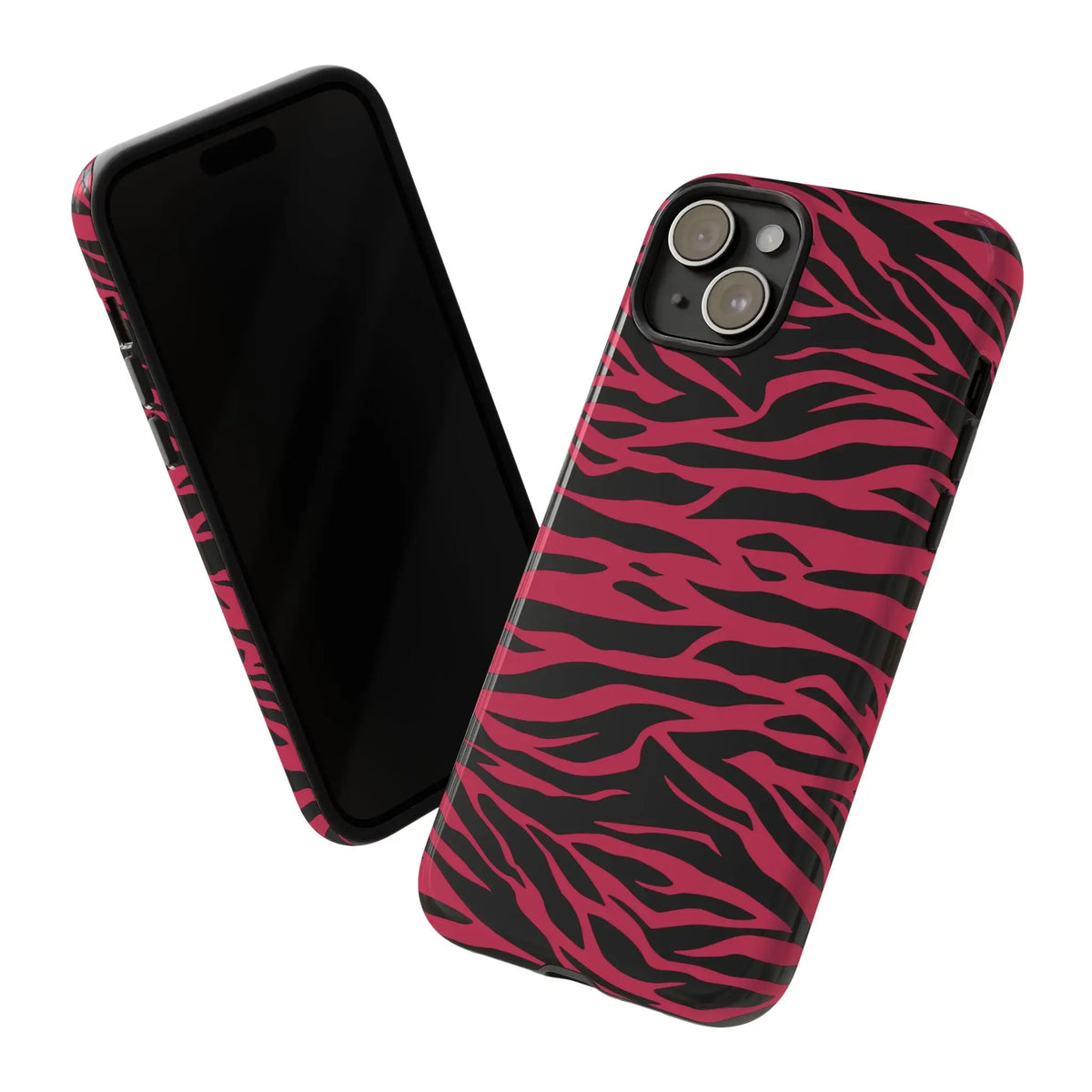 Magenta wild tiger pattern print phone case in pink and black zebra print shown from the back side