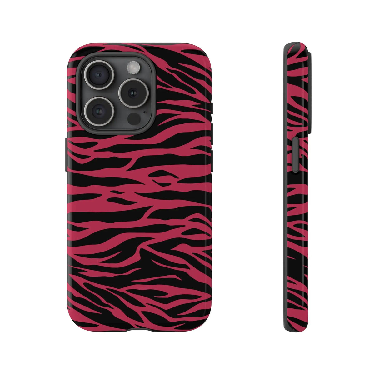 Back side of a vibrant magenta wild tiger pattern print phone case for iphone 13 pro in pink and black zebra stripes