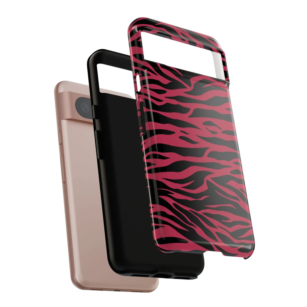 Magenta wild tiger pattern print phone case in glossy pink and black zebra print showing the back side