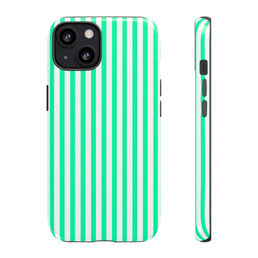Back of a sleek mint green vertical stripe phone case with white stripes and a glossy finish tough protective design