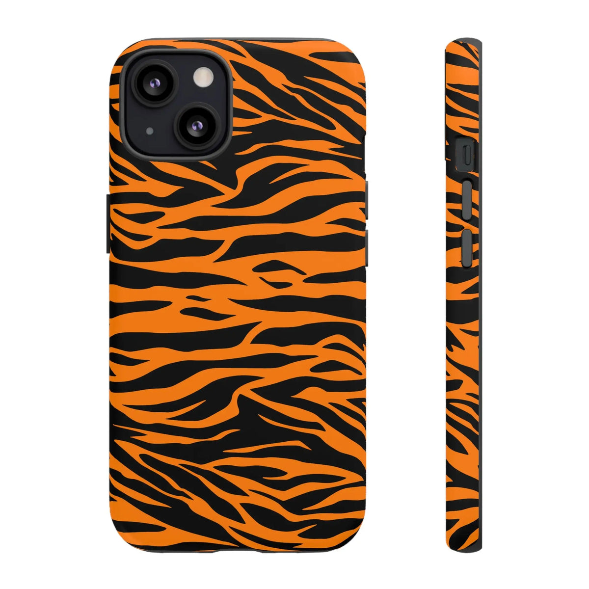 Vibrant orange tiger print phone case with bold black stripes shown from the back for iphone galaxy and pixel phones