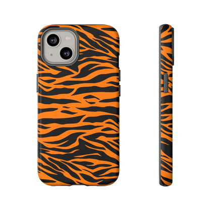 Back view of vibrant orange tiger print phone case featuring bold black stripes for iphone galaxy s and pixel phones mobile phone cases