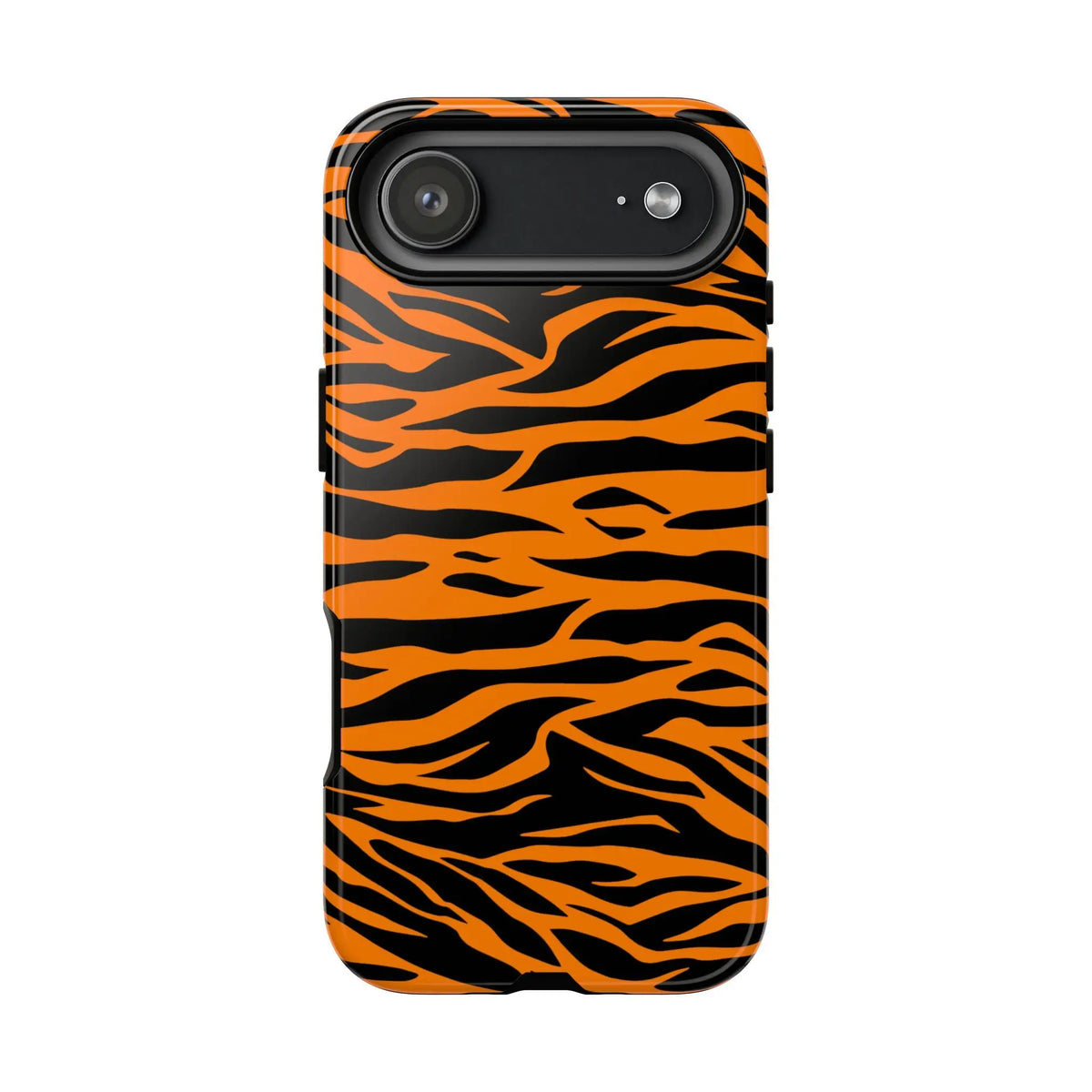 Orange cute wild tiger print pattern phone case showing back side with black and orange tiger print for mobile phones