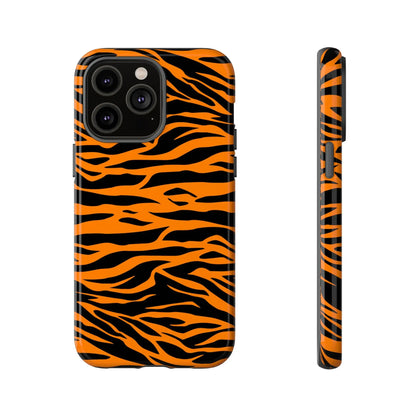 Orange tiger print mobile phone case with bold wavy tiger stripe pattern on the back for iphone galaxy s and pixel phones
