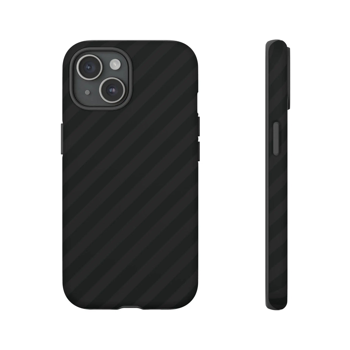 Back side of a black carbon fiber phone case with black diagonal pattern tough gloss finish protective cover for iPhone and Samsung