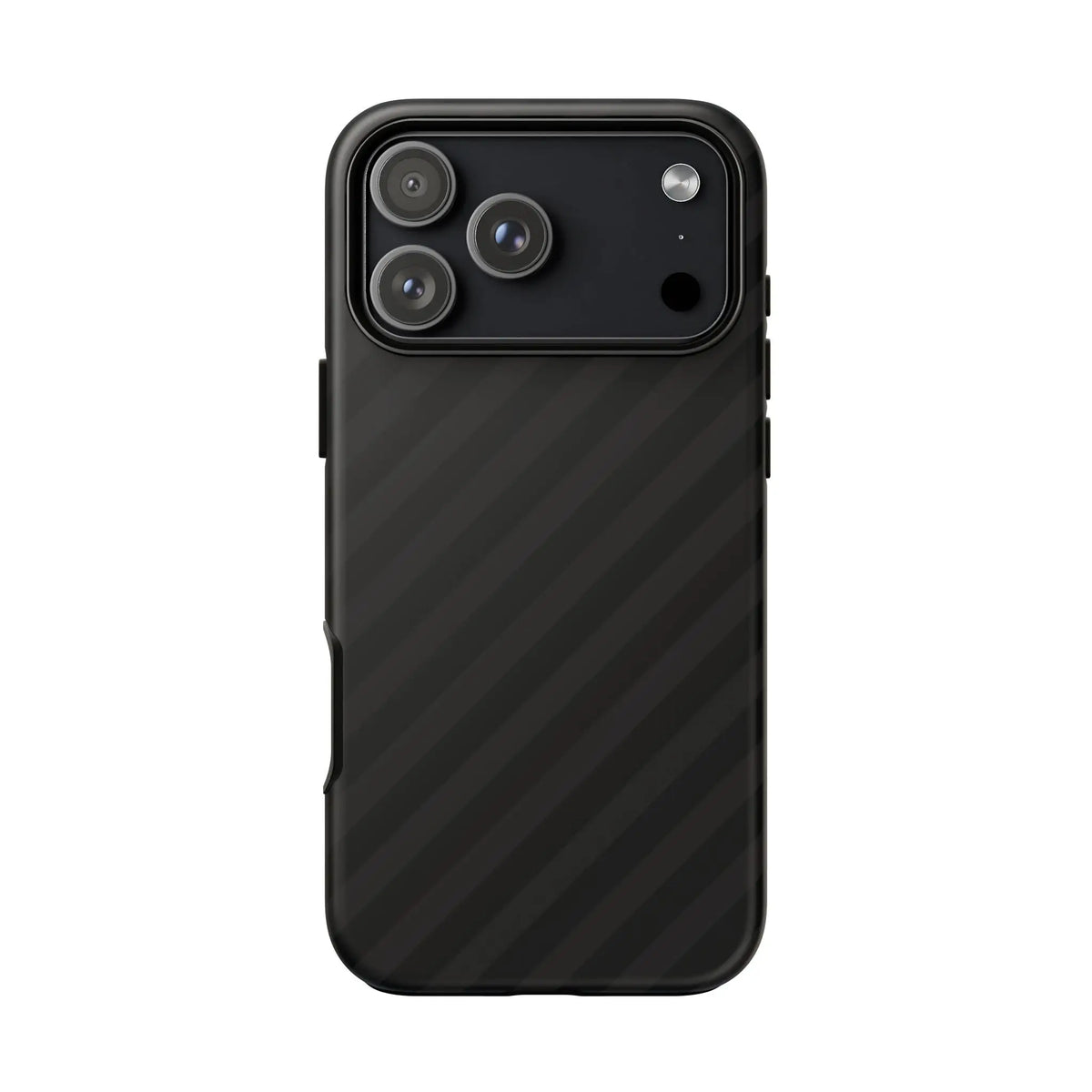 Back side of black carbon fiber-patterned phone case with sleek diagonal pattern tough gloss finish and camera cutouts