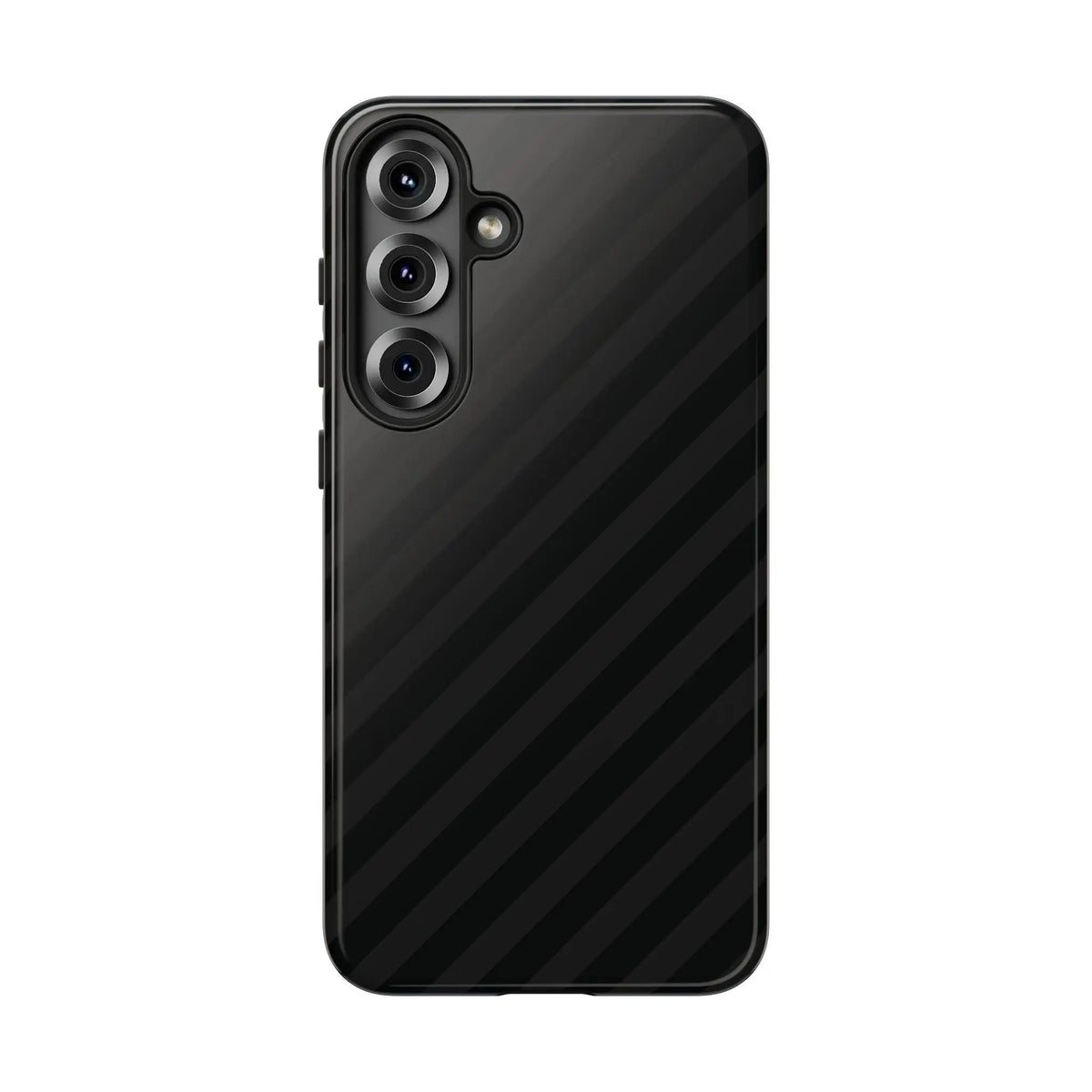 Back of black carbon fiber phone case with three camera lenses and flash in black diagonal pattern tough gloss finish