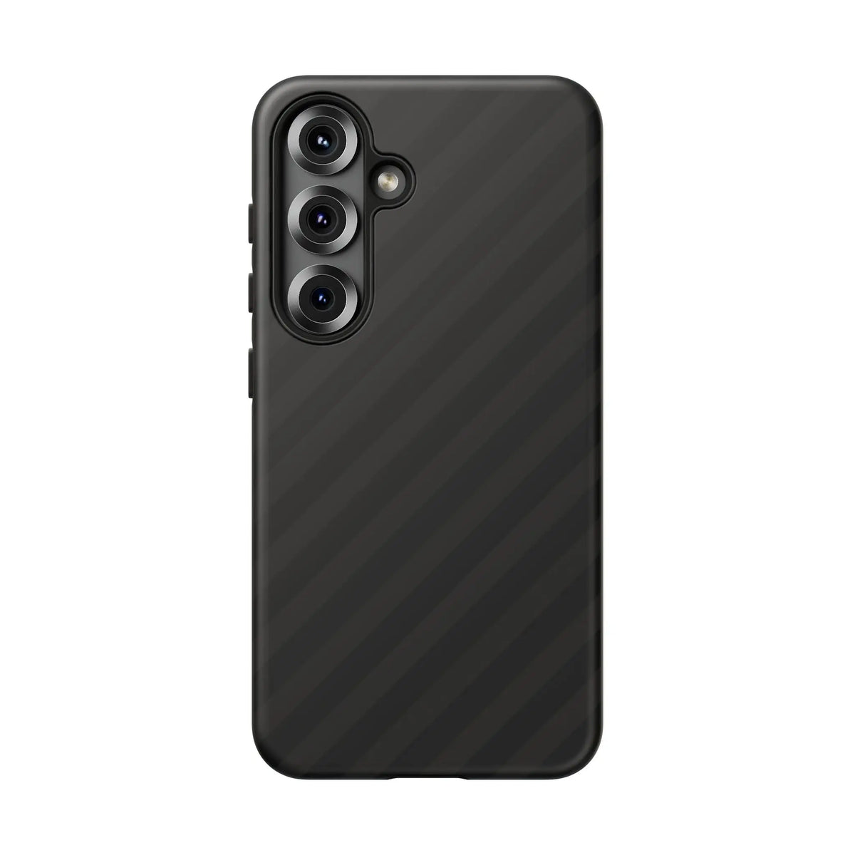 Back side of black carbon fiber-patterned phone case with diagonal pattern tough gloss finish and three camera lenses cluster