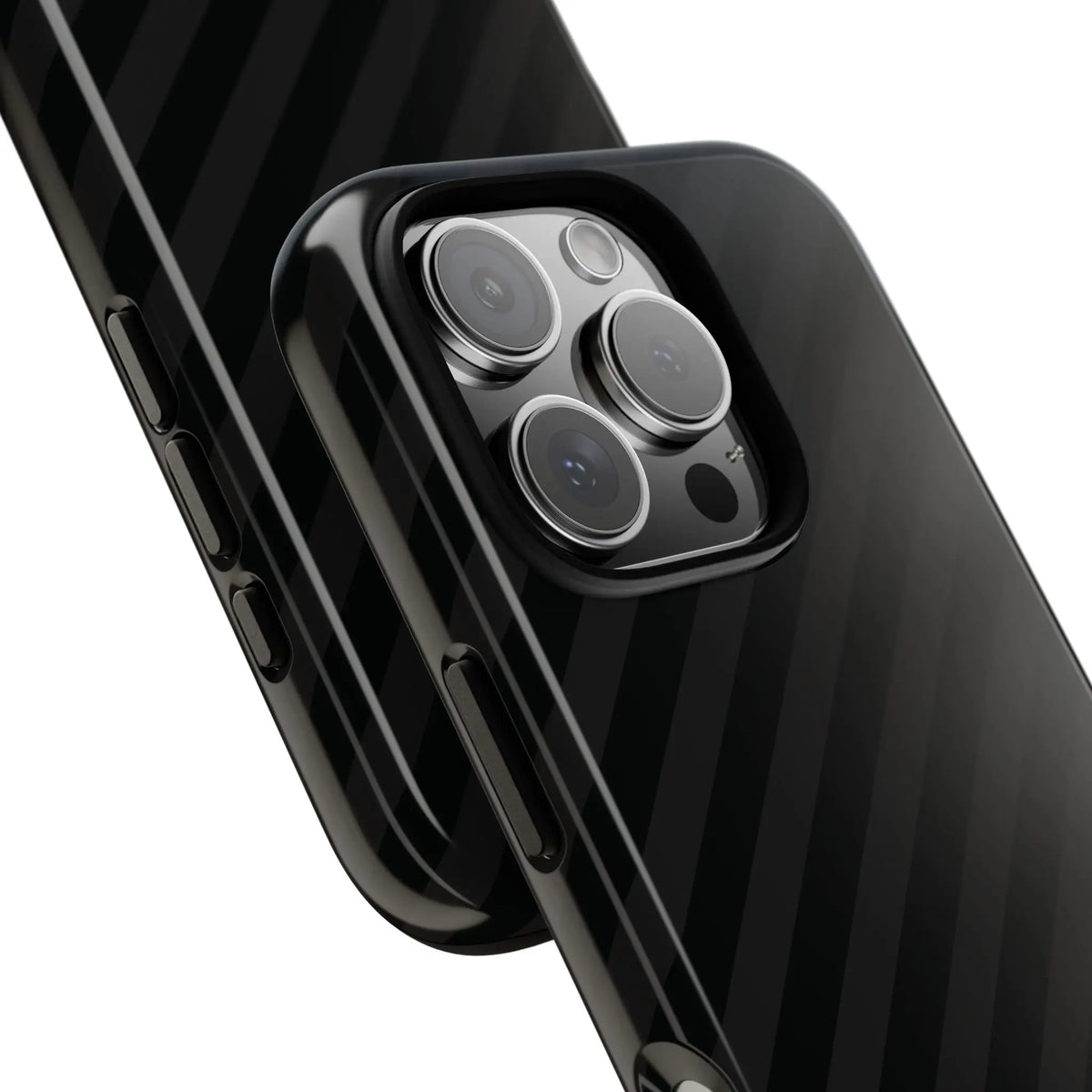 Black carbon fiber textured phone case with a sleek glossy finish and black diagonal pattern tough design back side view