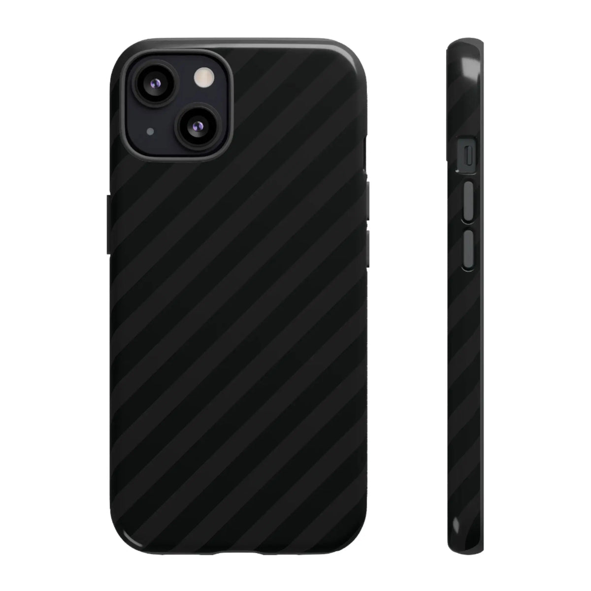 Back side of a black carbon fiber phone case for iphone 13 with black diagonal pattern tough gloss finish protective cover