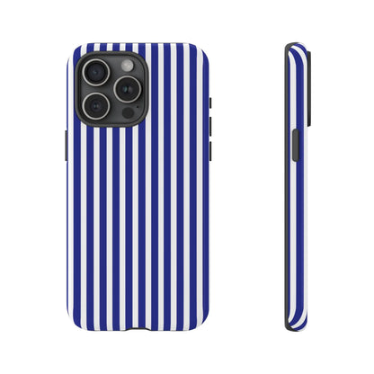 Back side of a blue white striped tough phone case with a hard shell design for protective phone cover use