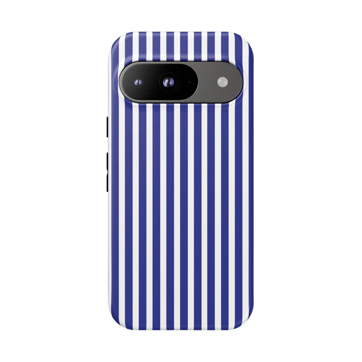 Back of a blue white striped tough phone case with bold vertical stripes and precise camera cutout for smartphone protection