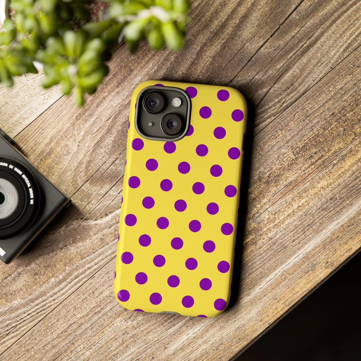 Phone Case - Bright Yellow with Purple Dots - iPhone 15 / Glossy - Phone Case
