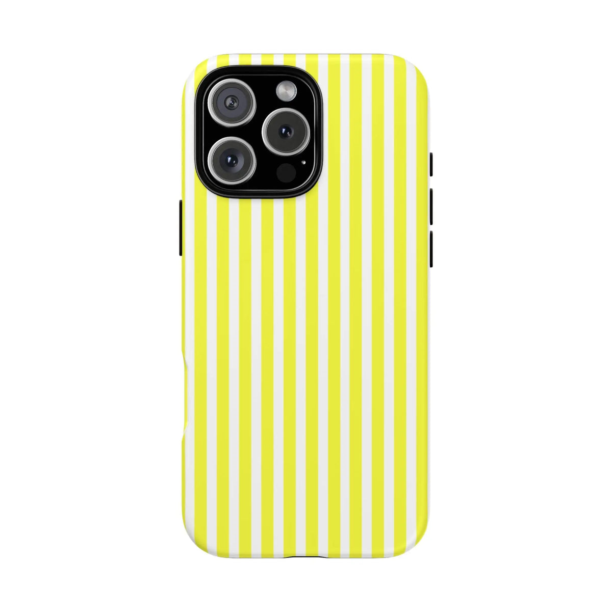 Back side of a banana yellow and white striped tough phone case cover with hard shell finish for iphone 13 pro max
