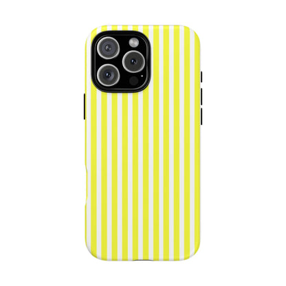 Back side of a banana yellow and white striped tough phone case cover with hard shell finish for iphone 13 pro max