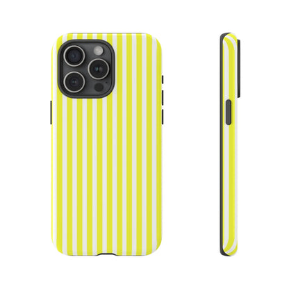 Back side of a banana yellow and white striped tough phone case cover for iphone 13 pro with hard shell protection