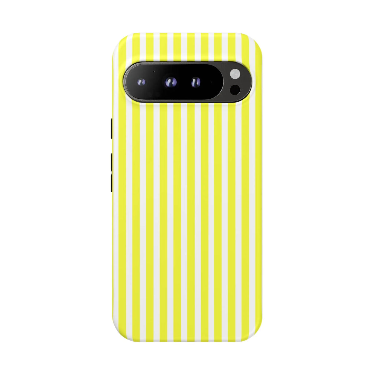 Back side of a phone case cover with vibrant banana yellow and white striped tough hard shell for iphone samsung google