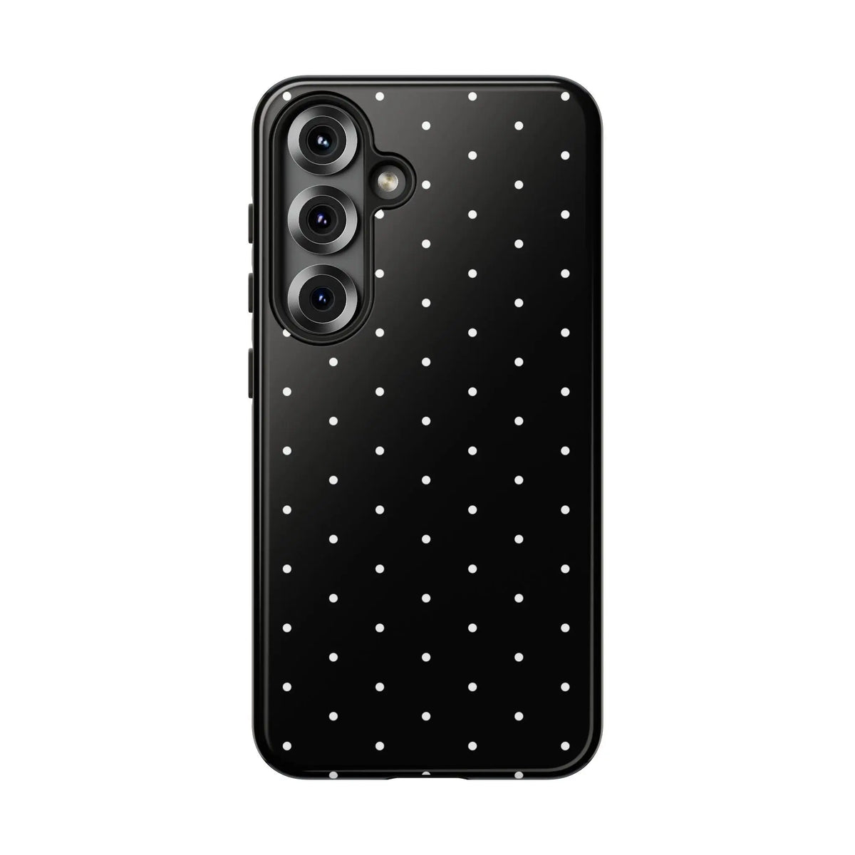 Elegant black tough phone case with white polka dots and sleek glossy finish shown from the back side
