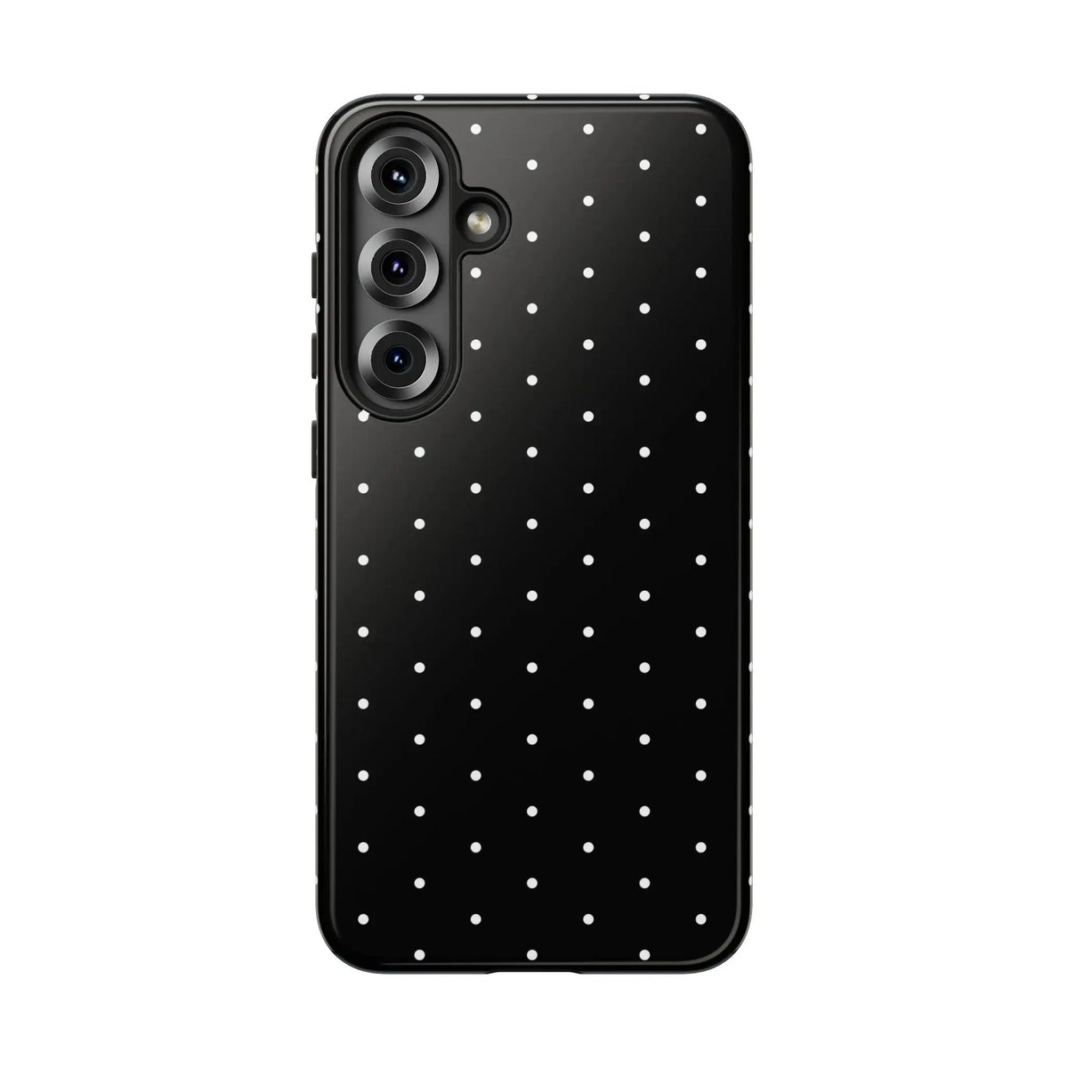 Back of elegant black tough phone case with white polka dots minimalist protective cover for gift or daily use