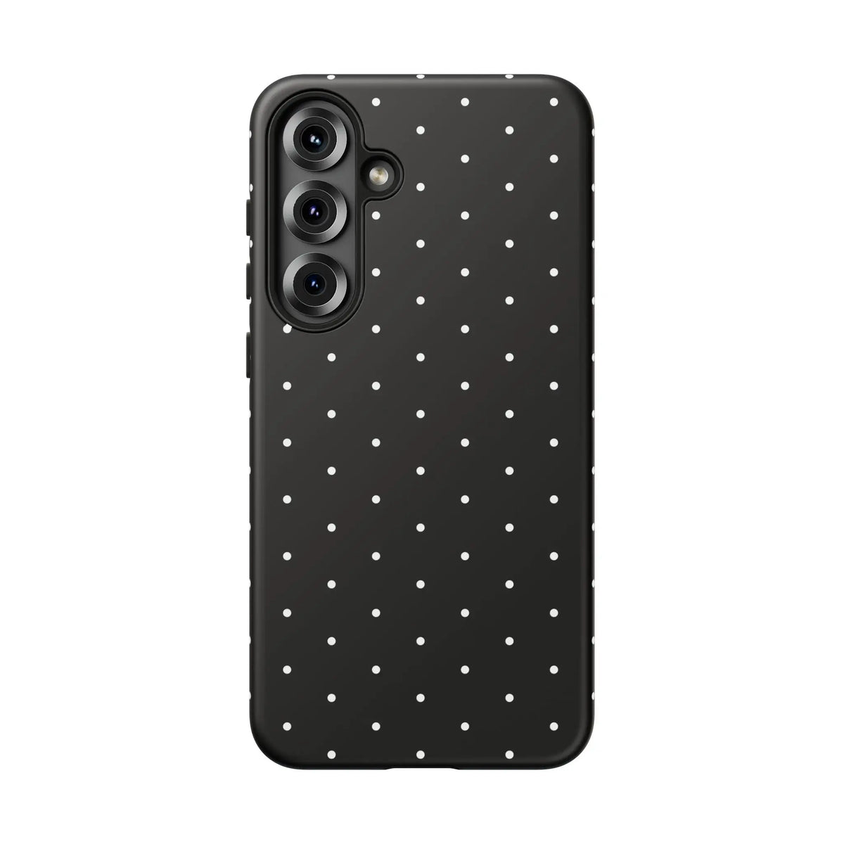 Black tough phone case with white polka dots showing back side elegant black protective minimalist design gift for her